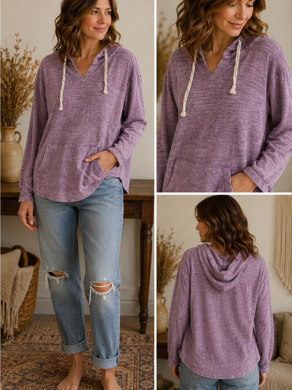 Dari Burnout Mineral Wash Hoodie Boho Lounge Top Split V Neck Kangaroo Festival